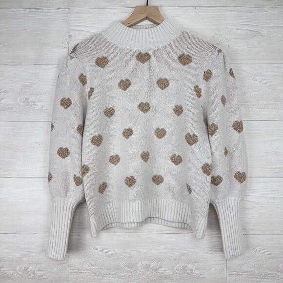 Anthropologie Hearts Sweater Women L Neutral Gold Puff Sleeve High Neck Pullover - Picture 2 of 16